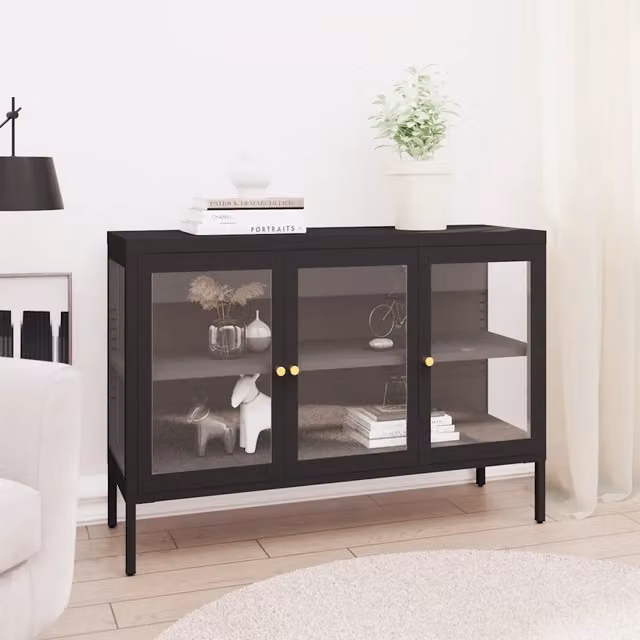 Credenza vidaXL in metallo e vetro nera per soggiorno L: 105 cm, P: 35 cm, H: 70 cm – 1