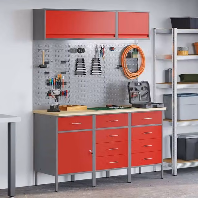 Set di mobili da lavoro vidaXL in acciaio e legno, 8 pezzi, colore rosso – 1