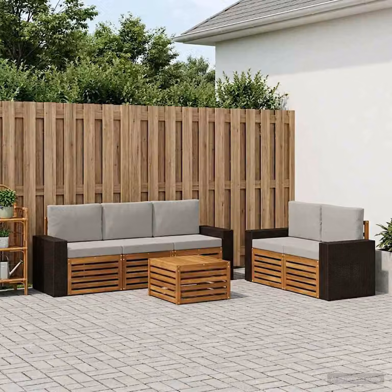 Set di divani da esterno vidaXL a forma di L composto da 6 pezzi con tavolo da caffè, realizzato in legno di acacia trattato, colori beige, grigio e marrone