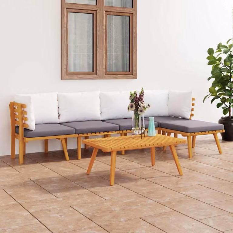 Set Divano da Giardino vidaXL 6 Pezzi in Legno di Acacia con Cuscini e Tavolino, Composizione a L con Elementi Angolari e Ottoman, Colore Marrone, Bianco e Grigio