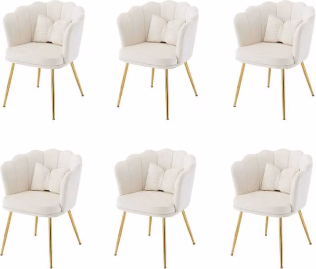 Set da 6 sedie da pranzo in velluto beige con schienale a petalo, cuscino decorativo e gambe in metallo dorato, eleganti per soggiorno e camera da letto