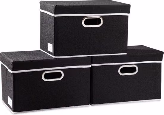 Contenitori organizer pieghevoli con coperchio, confezione da 3, in tessuto, per la casa, la scrivania, la cameretta dei bambini, nero (14,9 x 9,8 x 9,8 x 9,8 cm)