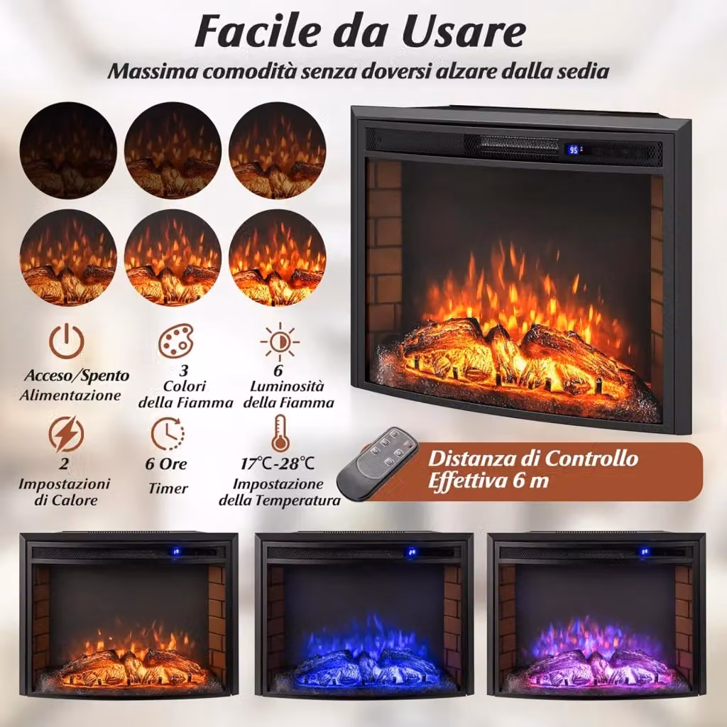 Camino Elettrico Curvo Costway Nero con Effetto Fiamma Realistico, Telecomando, Timer e Protezione da Surriscaldamento, Potenza 750W/1500W – 2