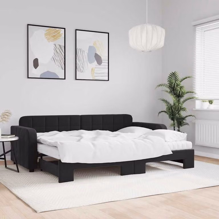 vidaXL Divano Letto Estraibile in Velluto Nero con Materasso L/P/H: 200 x 80 x 71 cm