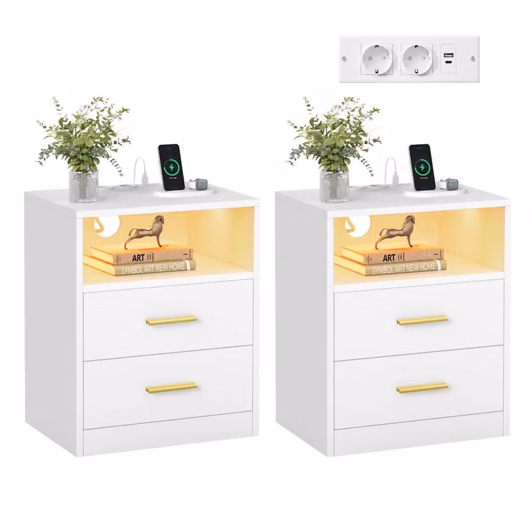 CUSTOS Collezione - Comodini moderni con ricarica integrata e luce LED, Bianco Nuvola / Set di 2