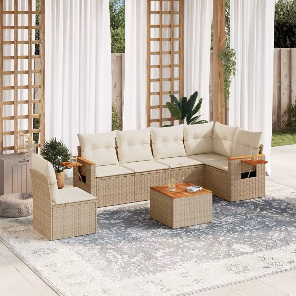 vidaXL Set Divani da Giardino 7 pz a Forma a L in Polyrattan con Cuscini Beige e Tavolino da Esterno – 1