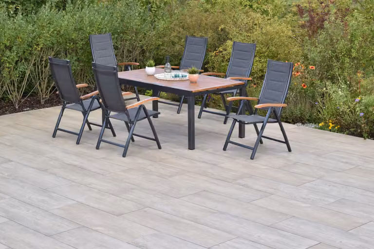 Set di mobili da giardino Merxx Paxos, 7 pezzi, 6 sedie pieghevoli, tavolo allungabile 180 (250) x 100 cm – Alluminio/Acacia/Tessuto