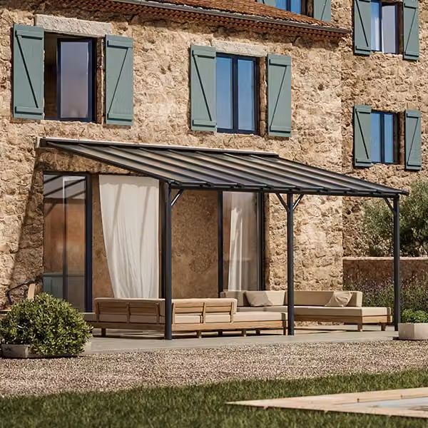 Pergola da parete Pergofrance Harmonie in alluminio e policarbonato colore antracite con grondaia L/P/H: 300 x 500 x 284 cm