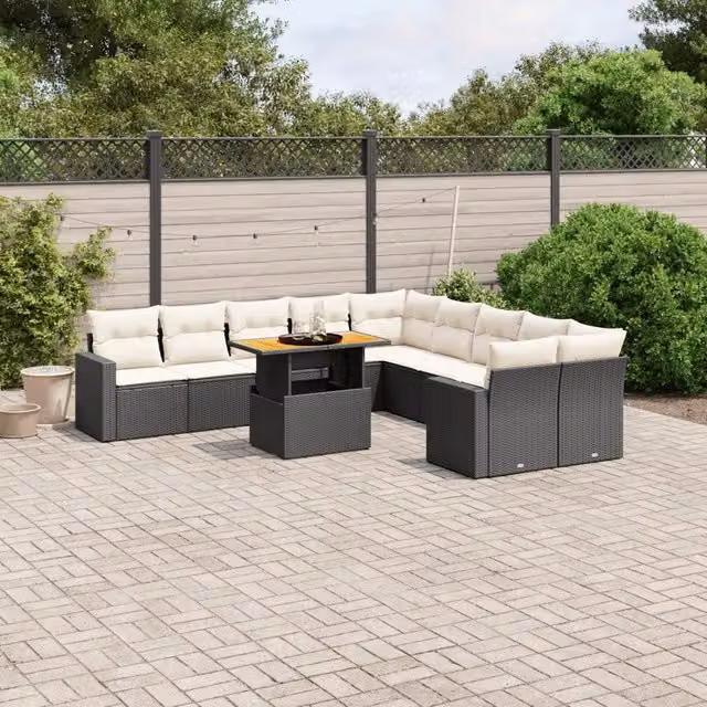 Set di Divani da Giardino Moderno VIDAXL in Polyrattan Nero con Cuscini, Composizione a L da 11 Pezzi