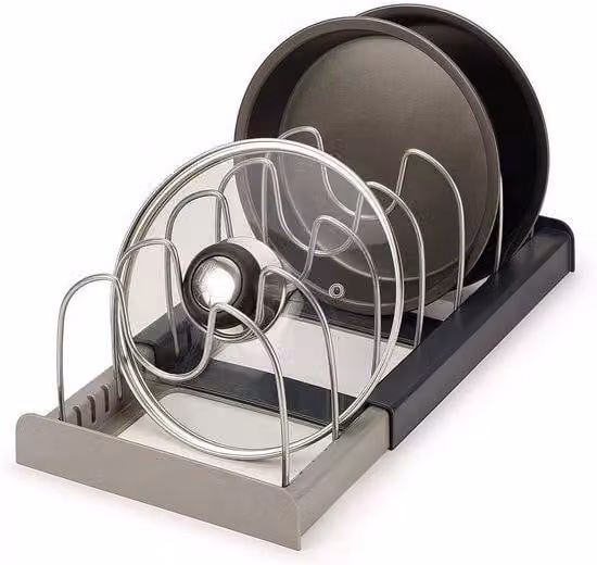 Organizzatore regolabile per cassetti, ideale per la cucina: scaffale per coperchi, ciotole, taglieri, stoviglie e portabicchieri; adatto per armadi, cassetti, piani di lavoro e ripiani