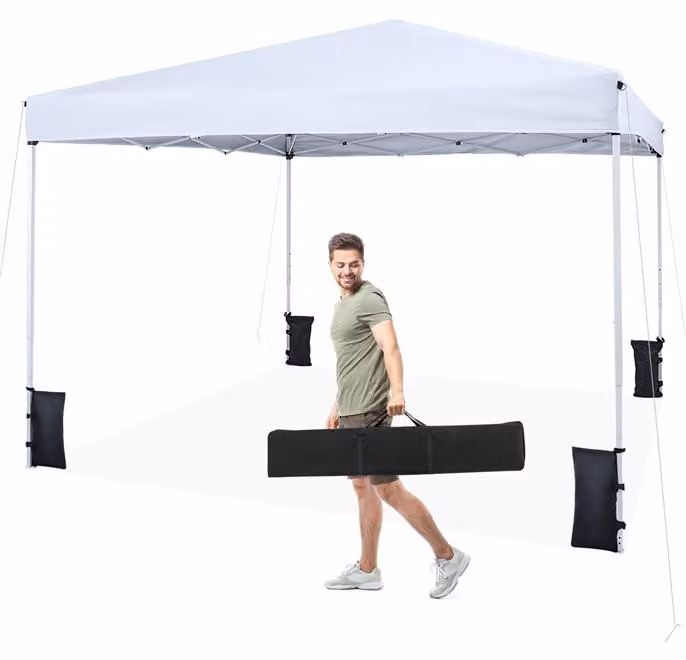 KOMFOTTEU, Gazebo da giardino 3x3 metri, gazebo pop-up con altezza regolabile, tenda per feste con protezione solare e struttura Acciaio al carbonio, gazebo pieghevole con borsa per il trasporto e 4 sacchi di sabbia, ideale per giardino e campeggio (bianc