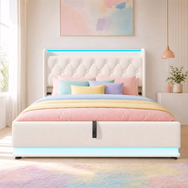 Letto matrimoniale imbottito MODFU bianco con contenitore idraulico, illuminazione LED, porte USB e mensola integrata, L/P/H: 220 x 160 x 104 cm – 1