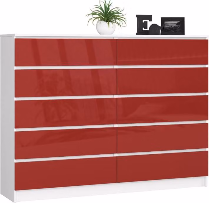 BDW, cassettiera con 10 cassetti, 160×40×121 cm, K160, bianco / rosso lucido