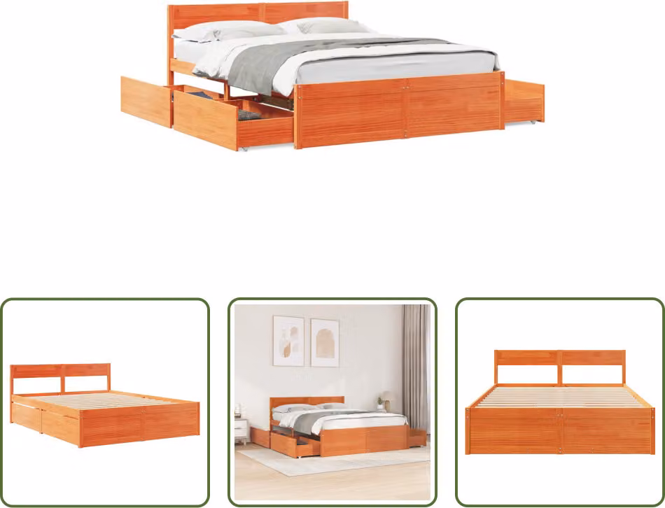 The Living Store letto in legno massiccio senza materasso cera marrone 140x200 cm legno di pino