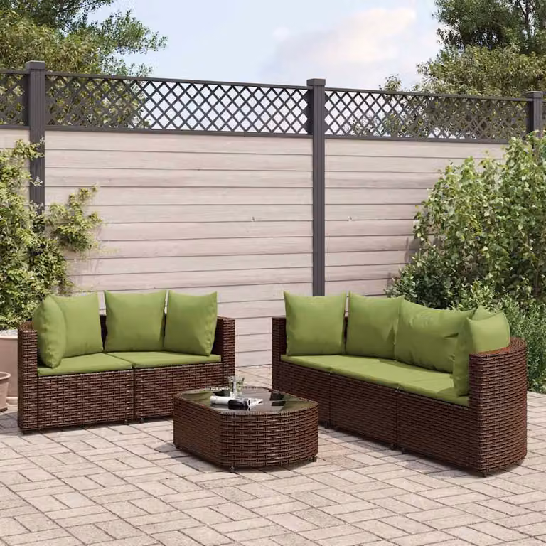 Set Divano da Giardino vidaXL 6 pz con Cuscini Marrone e Verde in Polyrattan e Metallo