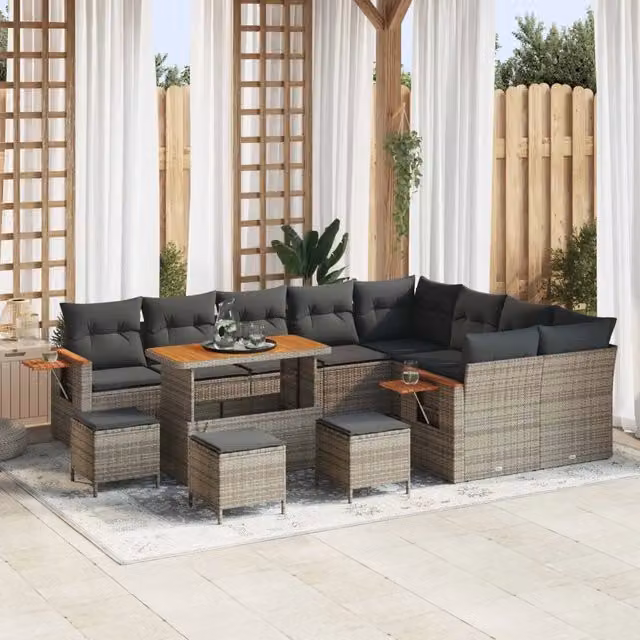 Set Divano da Giardino a U vidaXL in Polyrattan Grigio con Cuscini e Tavolino