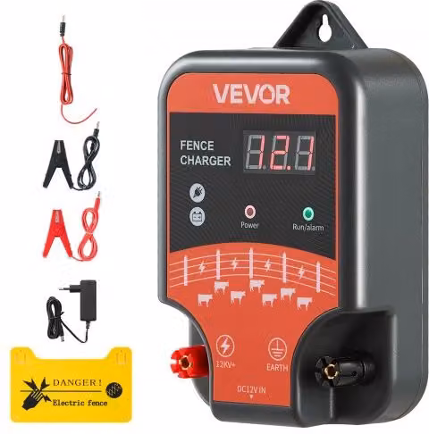 VEVOR Caricabatterie per Recinzioni Elettriche AC/DC con Indicatore LED, 10 kV 3 J, Nero
