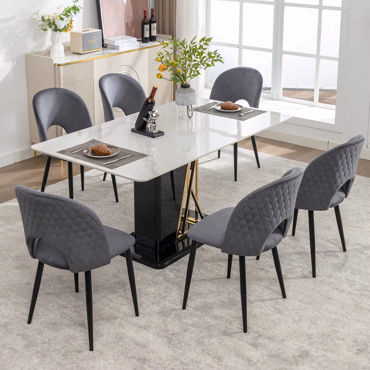 okwish, set di 6 sedie da pranzo, sedie imbottite confortevoli con schienale, seduta in velluto, struttura in metallo, piedini regolabili, motivo a rombi sul retro, colore grigio