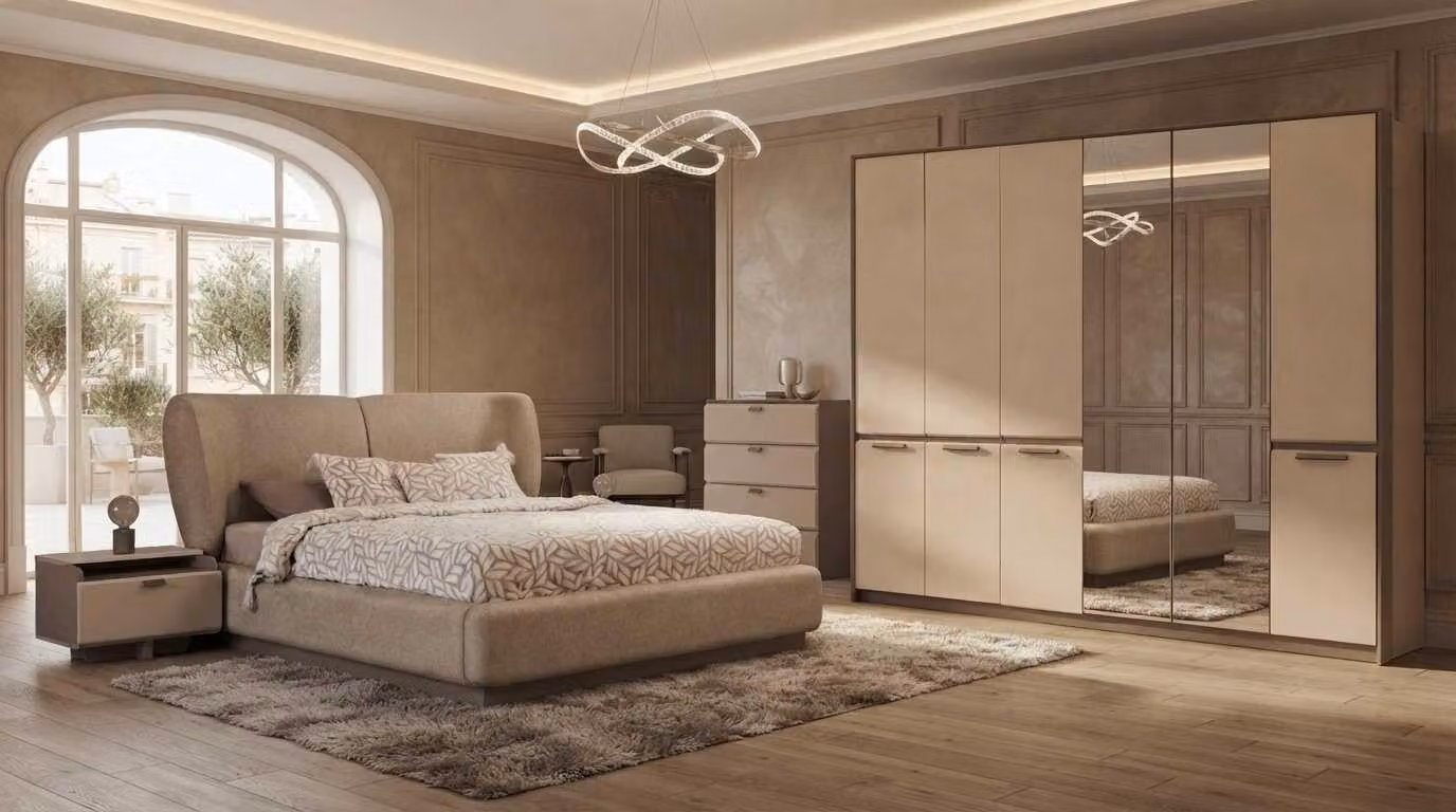 Armadio da camera da letto, letto, comodino, cassettiera, beige, moderno