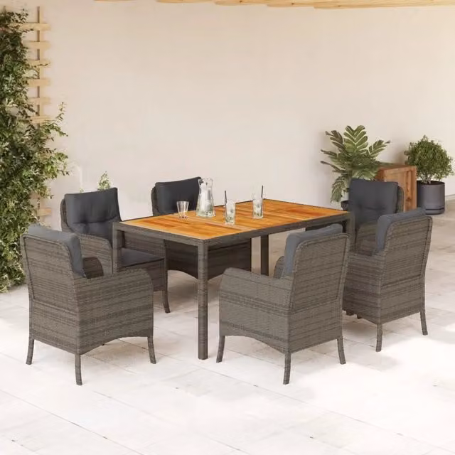 Set da pranzo da giardino vidaXL in polyrattan e legno di acacia grigio con tavolo estensibile e 7 pezzi