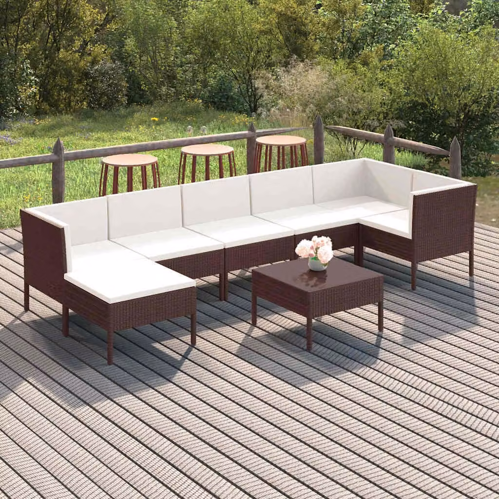 Set di divani da giardino vidaXL 8 pezzi in rattan marrone con cuscini bianchi e tavolino da esterno
