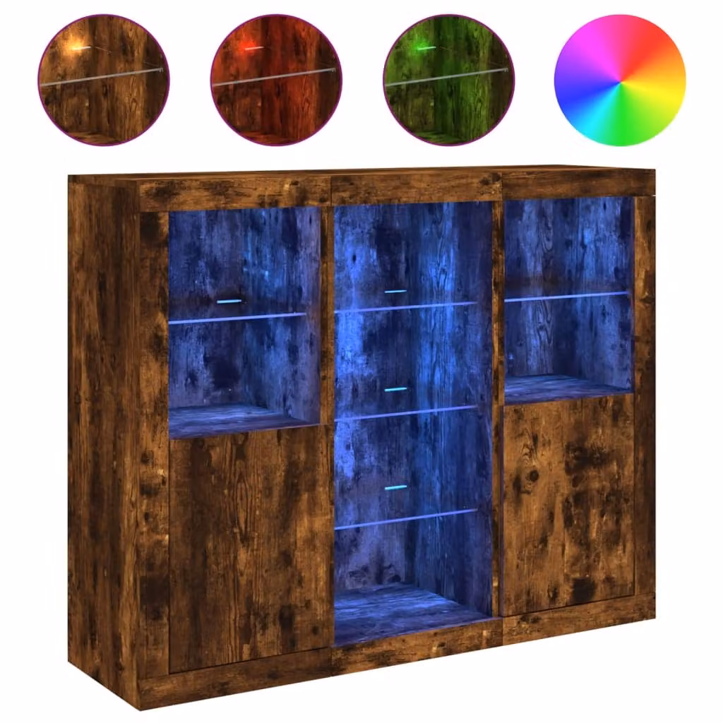 Credenze con Luci LED 3 pz Rovere Fumo in Legno Multistrato