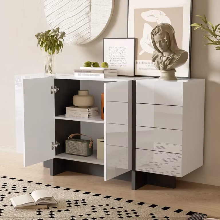 Credenza moderna in MDF con 2 ante e 4 cassetti soft close per soggiorno e camera da letto, finitura lucida, Bianco Nero, L: 150 cm, P: 40 cm, H: 80,5 cm