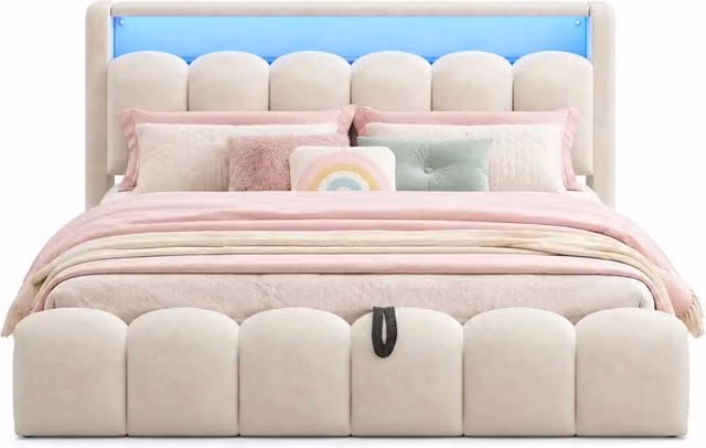 Letto matrimoniale 180x200 cm con contenitore idraulico; LED e USB-C in velluto beige