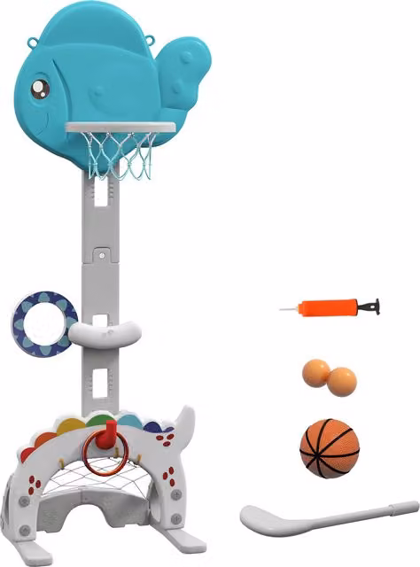AIYAPLAY Canestro Basket per Bambini 5 in 1 con Altezza Regolabile, Porta da Calcio e Golf, Multicolore