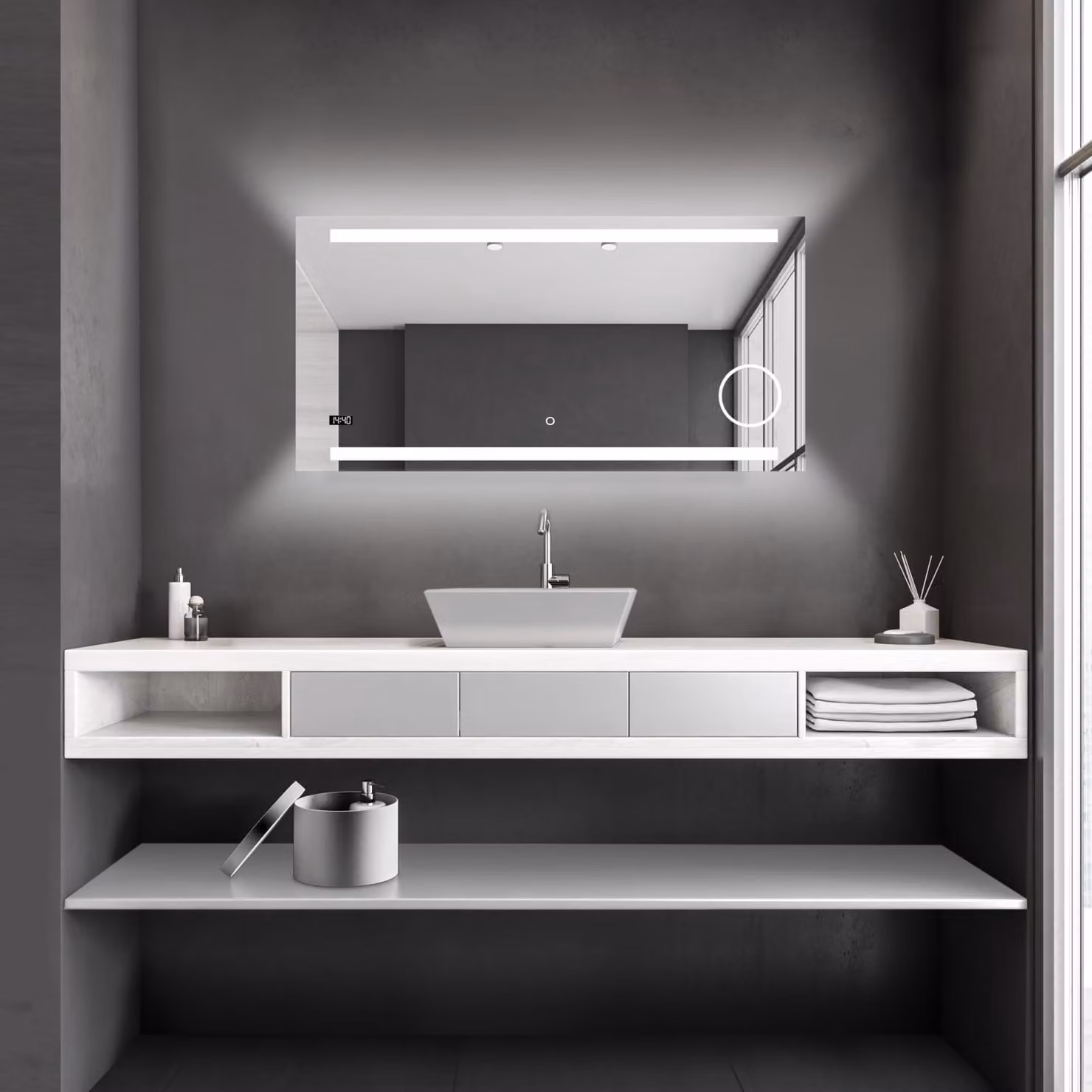 Specchio da bagno a LED, 120x60 cm, 4200K, con specchio per il trucco e orologio