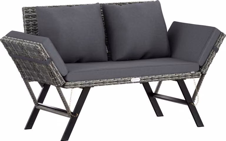 Panca da giardino in polyrattan, grigio, 176x56x81 cm, sdraio 2 in 1