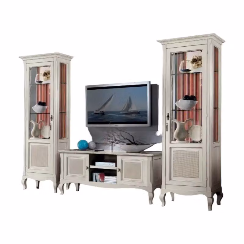 Parete attrezzata Mobili 2G in stile shabby chic bianco e beige con dettagli in paglia di Vienna e vetro – 1