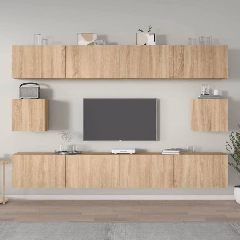 Set di mobili porta TV da 6 pezzi vidaXL in legno MDF color rovere e beige per soggiorno moderno con montaggio a parete
