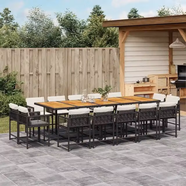 Set da pranzo da giardino vidaXL in polyrattan e legno di acacia con 15 pezzi e cuscini, colore nero – 1