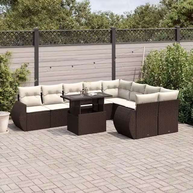 Set Divani da Giardino 10pz con Cuscini in Polyrattan Marrone 3268763