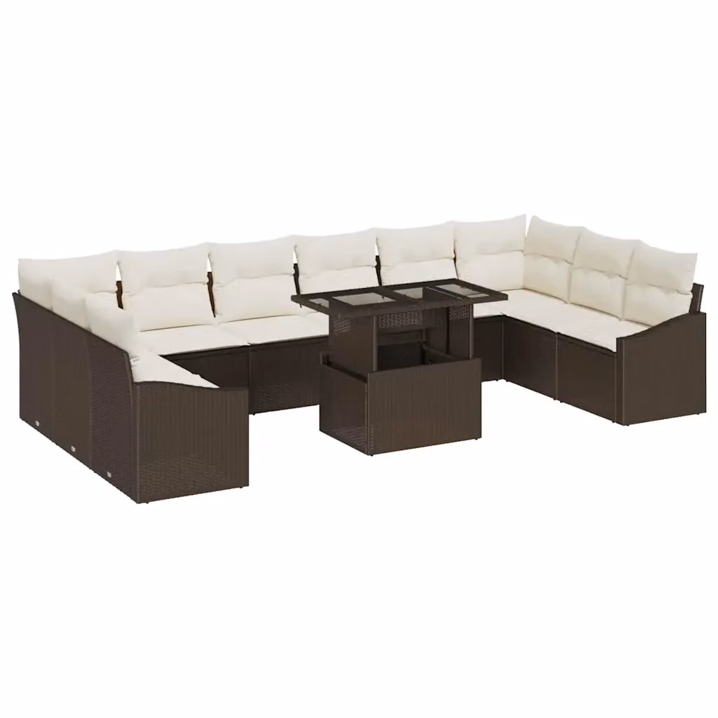 Set di divani da giardino vidaXL in polyrattan marrone e beige con cuscini e tavolino da esterno, 11 pezzi – 2