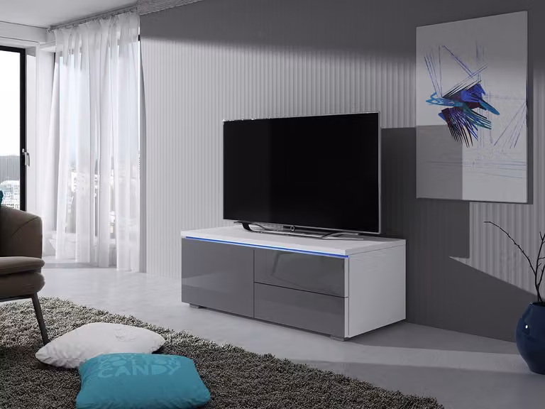 Tavolino per TV con illuminazione a LED FERNS 11 - bianco / grigio lucido, sinistro
