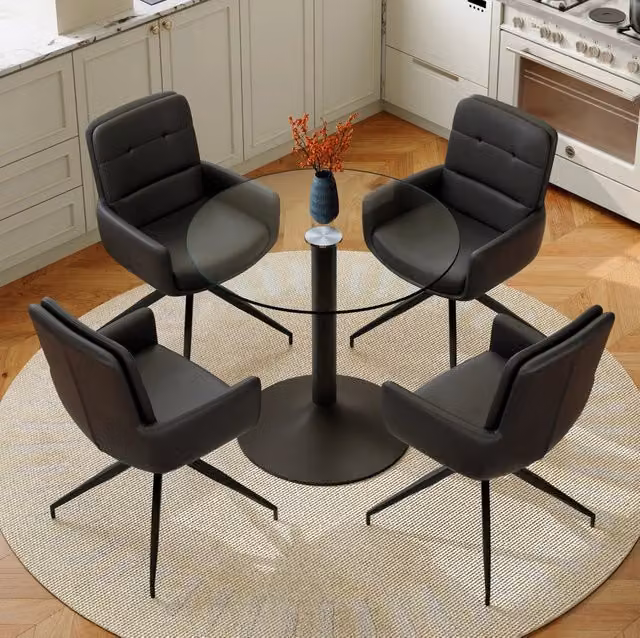 Set tavolo da pranzo 85x76 cm in vetro temperato e metallo nero, 4 posti –