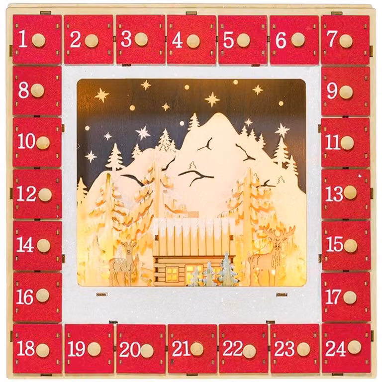 Calendario dell'Avvento natalizio con luci LED | Colore: Rosso | Dimensioni: 34x7x34 cm