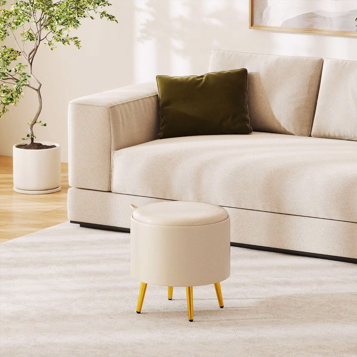 Set di 2 pouf contenitori rotondi Costway in finta pelle beige con vassoi e struttura in metallo per soggiorno e camera da letto