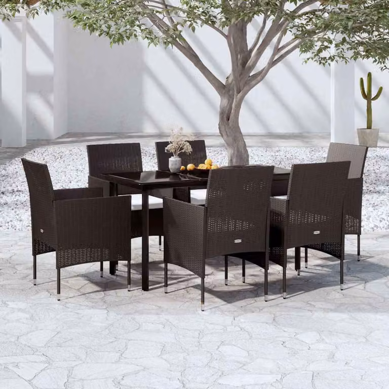 Set da pranzo da giardino vidaXL in polyrattan nero con cuscini e tavolo in vetro
