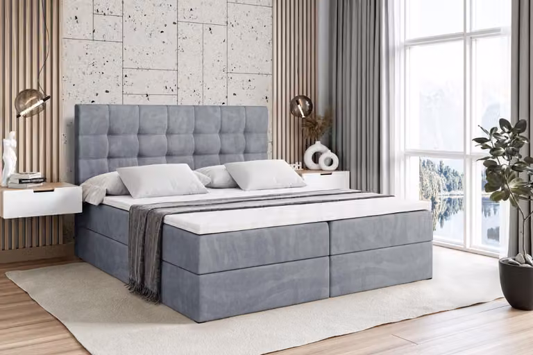 Letto boxspring ALTDECOR con materasso e rete a doghe - BERO - 160x200 cm - Grigio velluto - Letto boxspring, topper, letto imbottito con contenitore, letto con vano portaoggetti H4 - Materasso, letto matrimoniale, letto boxspring