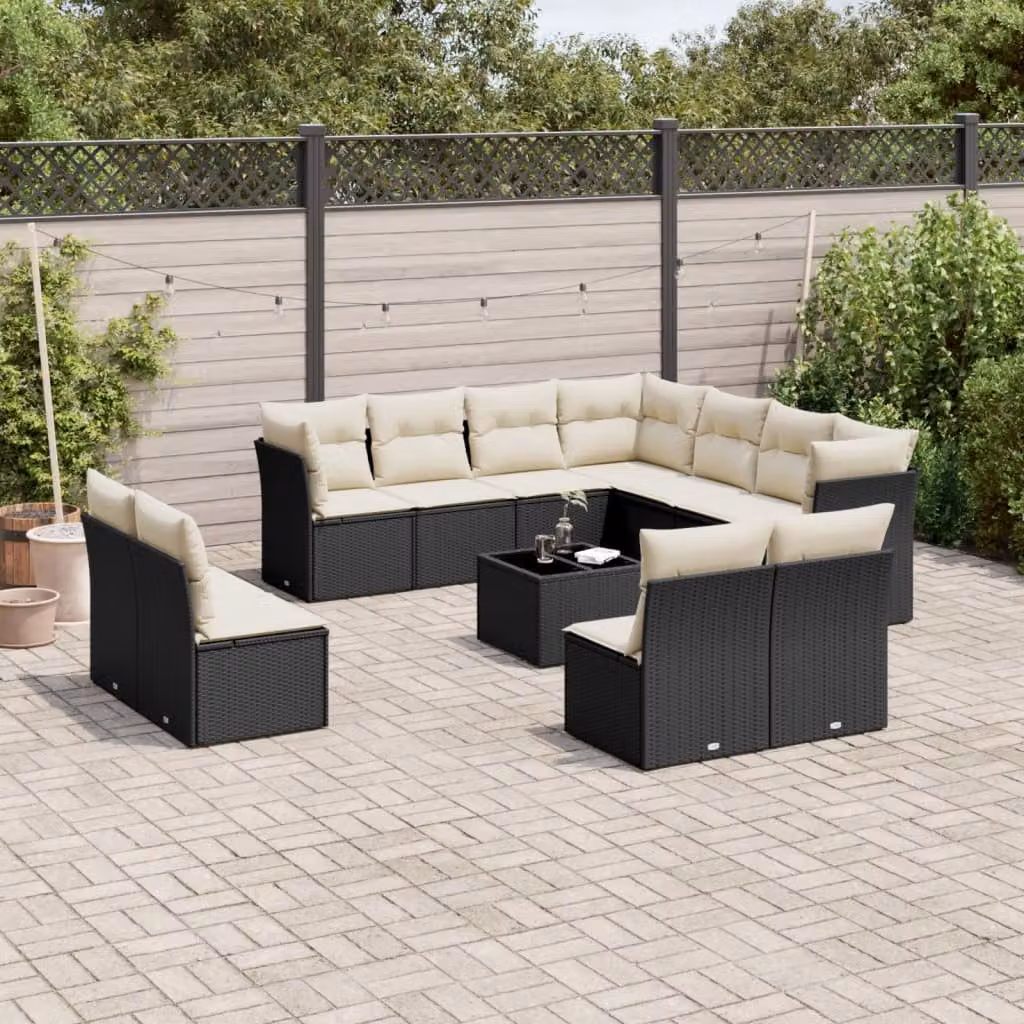 Set di divani da giardino vidaXL 12 pezzi in polyrattan nero con cuscini e tavolino da esterno a forma di L – 1