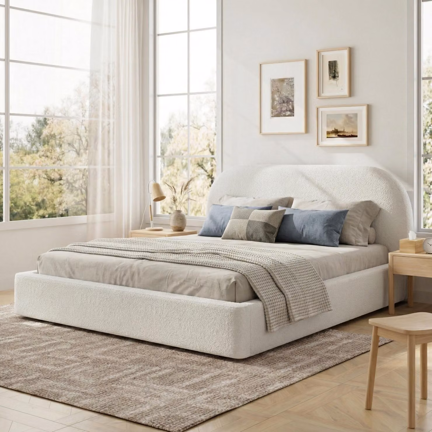 Letto imbottito 180 x 200 cm con rivestimento in tessuto bouclé e rete a listelli – Letto matrimoniale con imbottitura di 13,5 cm nella testiera e bordi arrotondati, struttura del letto color beige
