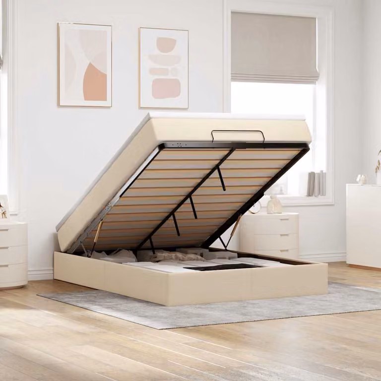 vidaXL Struttura Letto con Contenitore e Materasso in Tessuto Beige e Bianco, L: 140 cm, P: 190 cm
