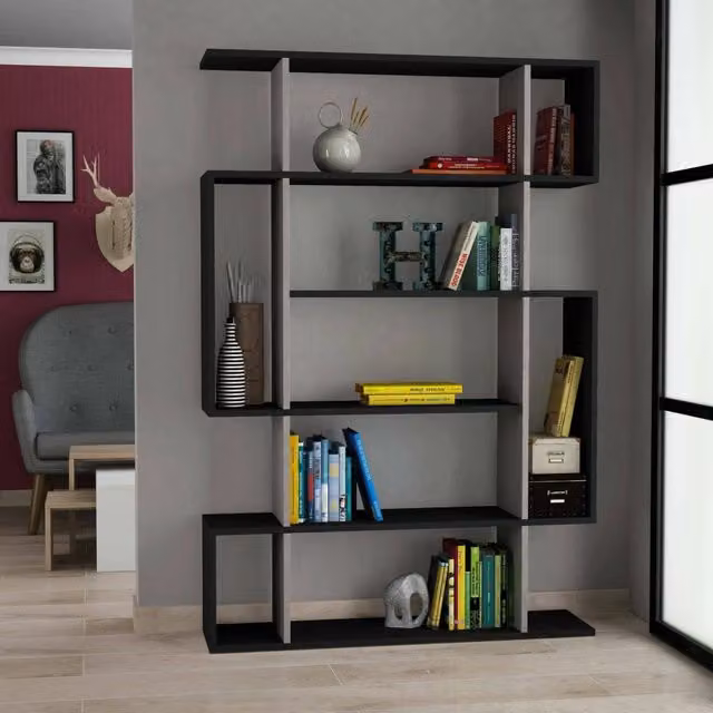 Libreria Agamermis DMORA, Scaffale Moderno con Pannello Posteriore per Ufficio e Soggiorno, Antracite e Beige, L: 110 cm, P: 25,5 cm, H: 161 cm