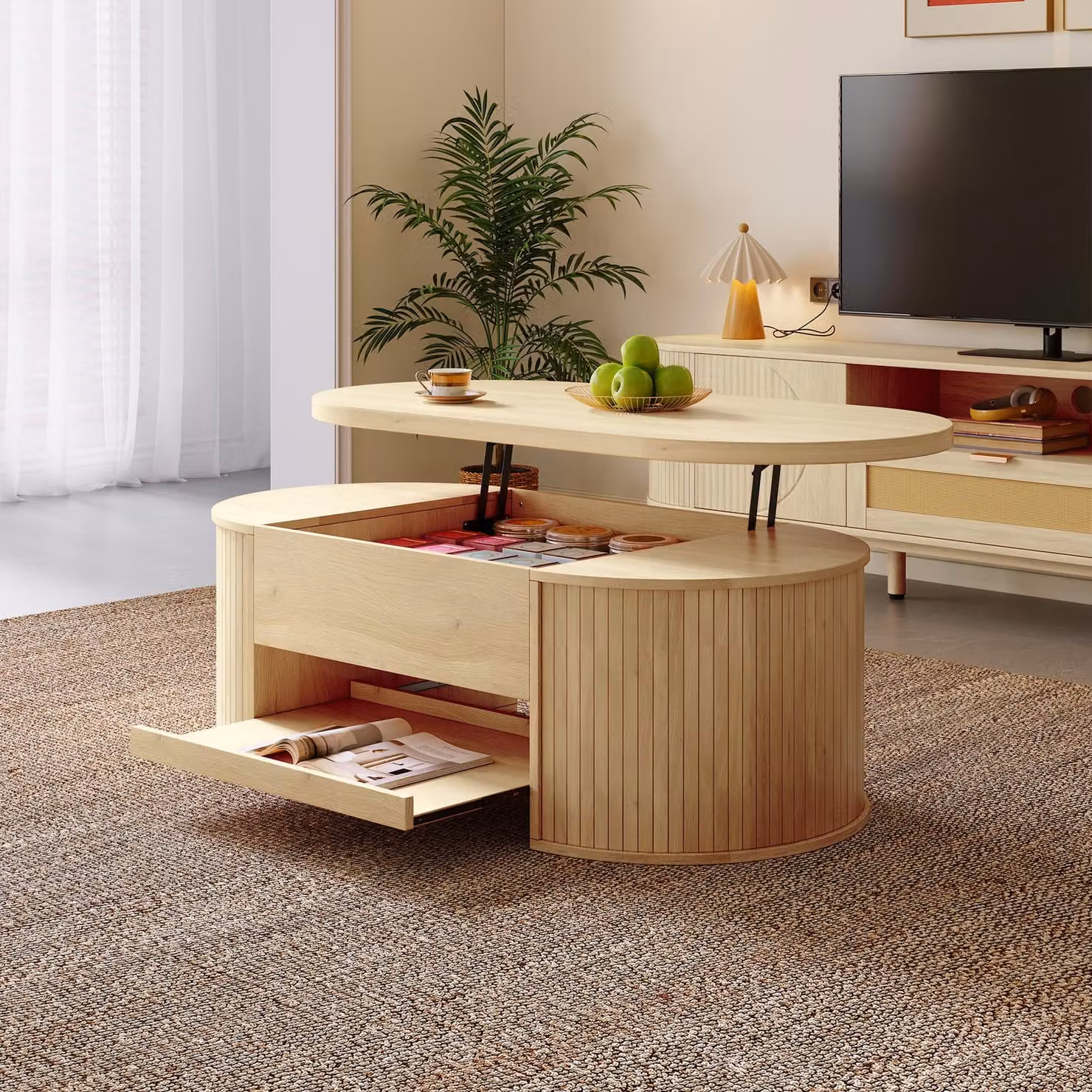 Tavolino da caffè Merax regolabile in altezza, ripiano estensibile, spazio di archiviazione, design moderno con lati in legno curvato, mobili per il soggiorno, colore legno