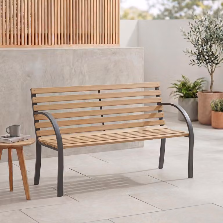 Panca da giardino in legno, con gambe in acciaio, 120 cm, per uso esterno