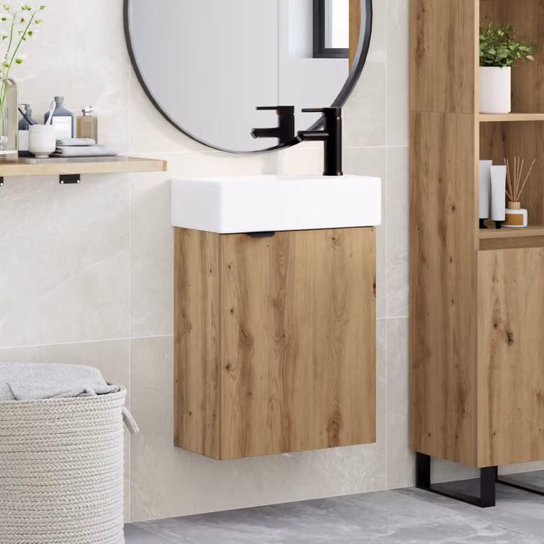 Mobile bagno moderno vidaXL con rubinetto, sospeso, in legno e ceramica, disponibile in bianco, nero o marrone