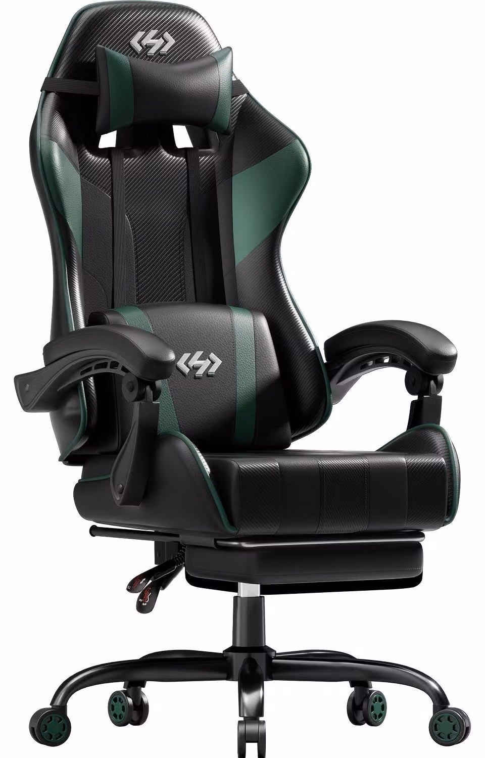 Sedia da gaming ergonomica, nera e verde, con molle insacchettate e poggiapiedi